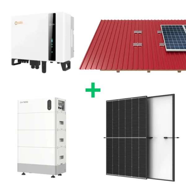 5 kW saules elektrostacijas aprīkojums + 11 kWh enerģijas uzkrājējs Solis, Dyness, Trina. Trapecveida skārda jumtam